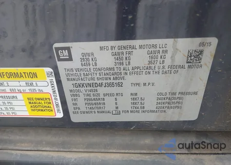 2015 GMC Acadia Sle-1 z USA, uszkodzony, nr VIN 1GKKVNED4FJ365162